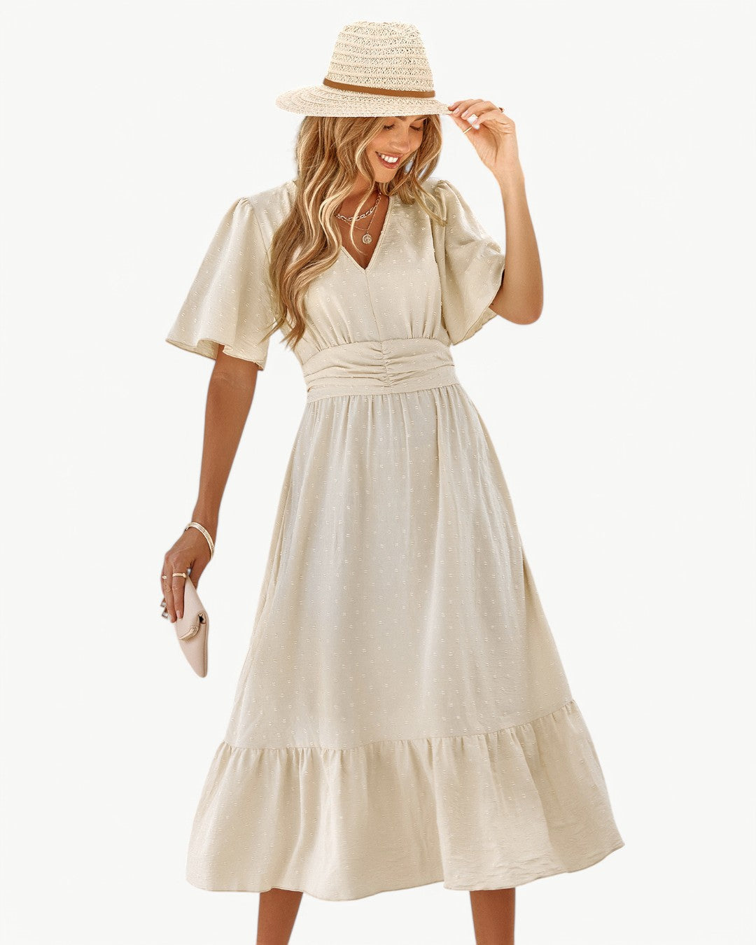 RENÉE – Midi Dress with V-Neck and Short Sleeves