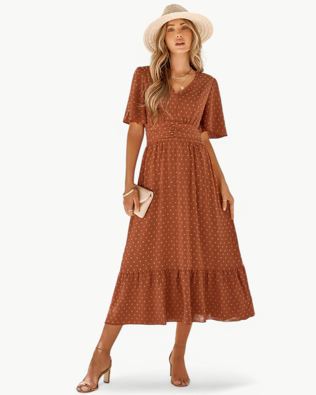 RENÉE – Midi Dress with V-Neck and Short Sleeves