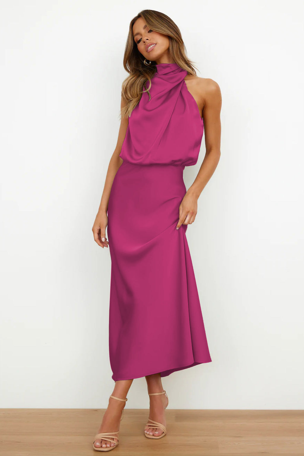 Valeria™ | Satin Maxi Dress with Halter Neck
