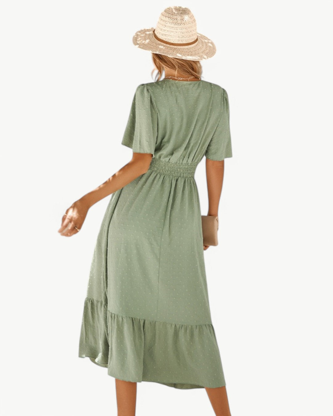 RENÉE – Midi Dress with V-Neck and Short Sleeves