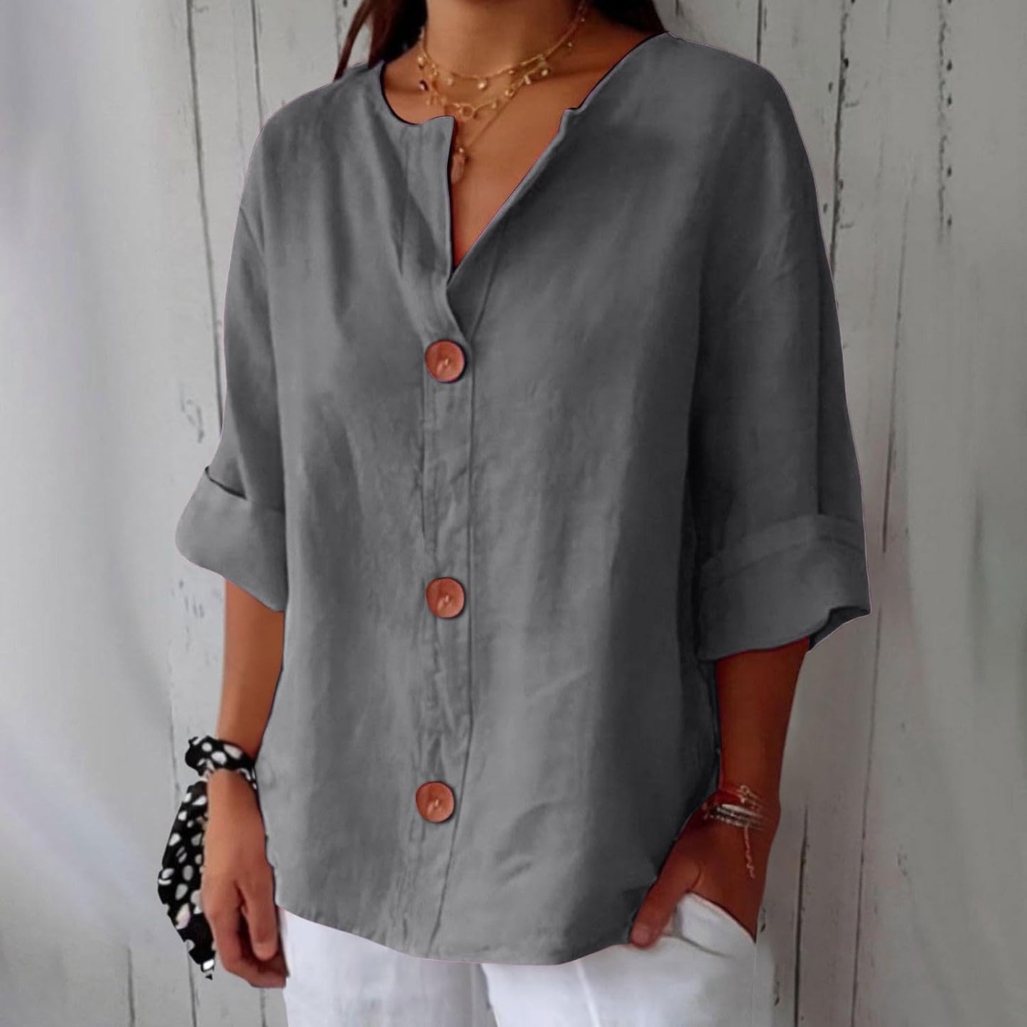 Sheila - Cotton Linen V Neck Shirt (1+1 FREE)