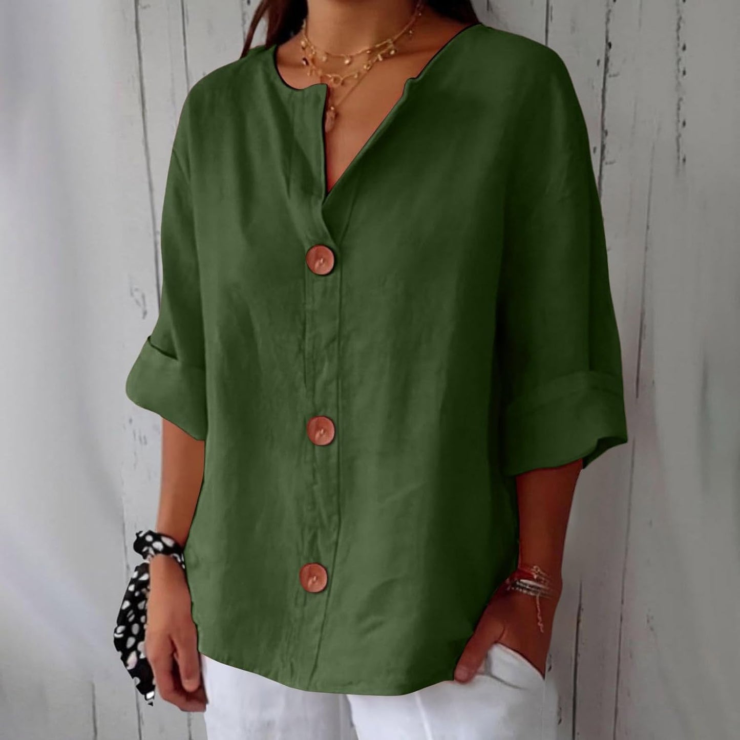 Sheila - Cotton Linen V Neck Shirt (1+1 FREE)
