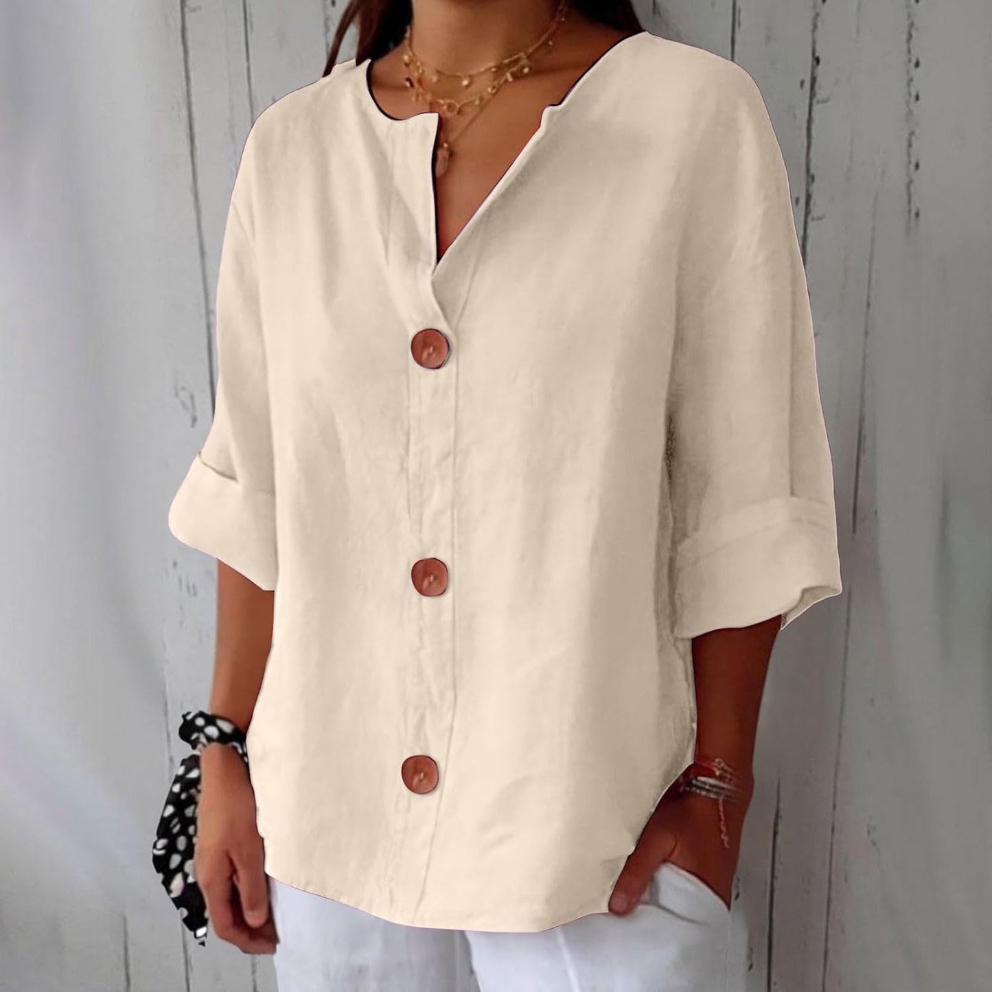 Sheila - Cotton Linen V Neck Shirt (1+1 FREE)