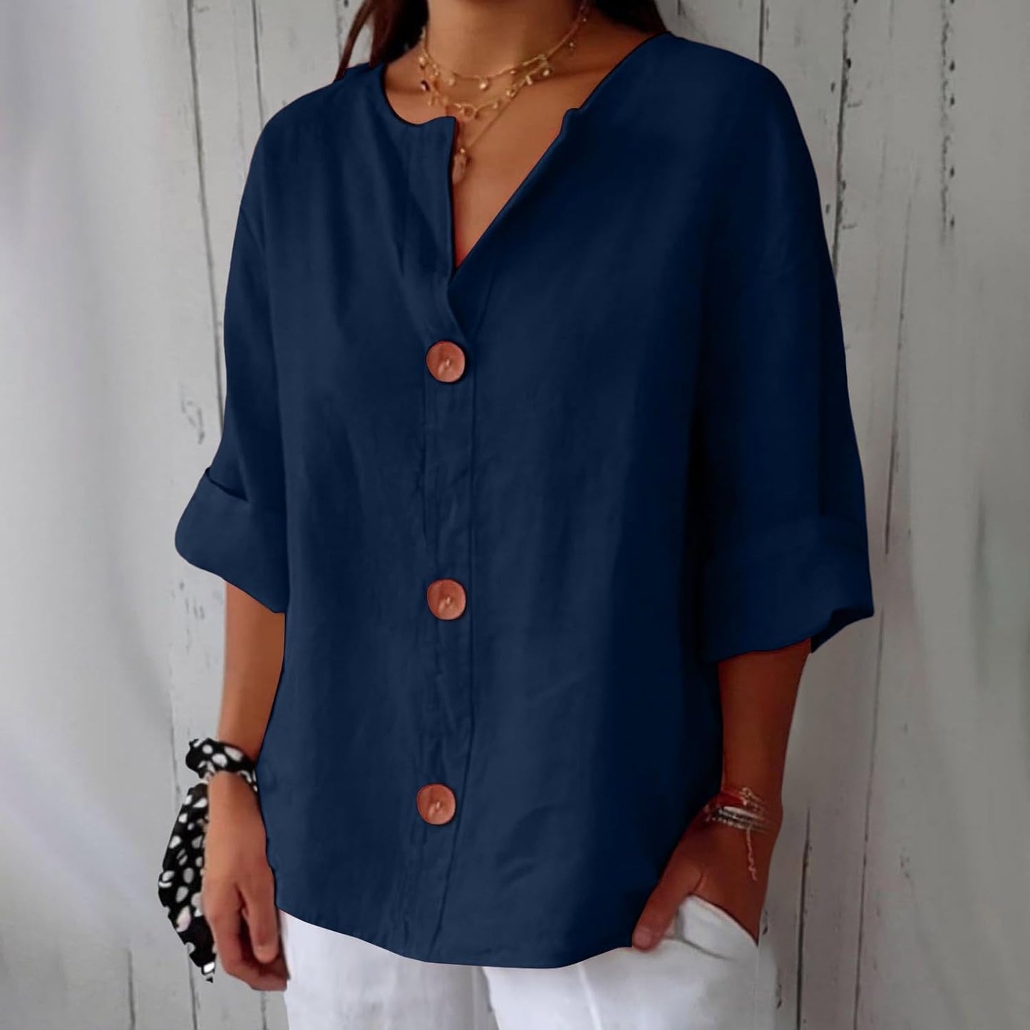 Sheila - Cotton Linen V Neck Shirt (1+1 FREE)