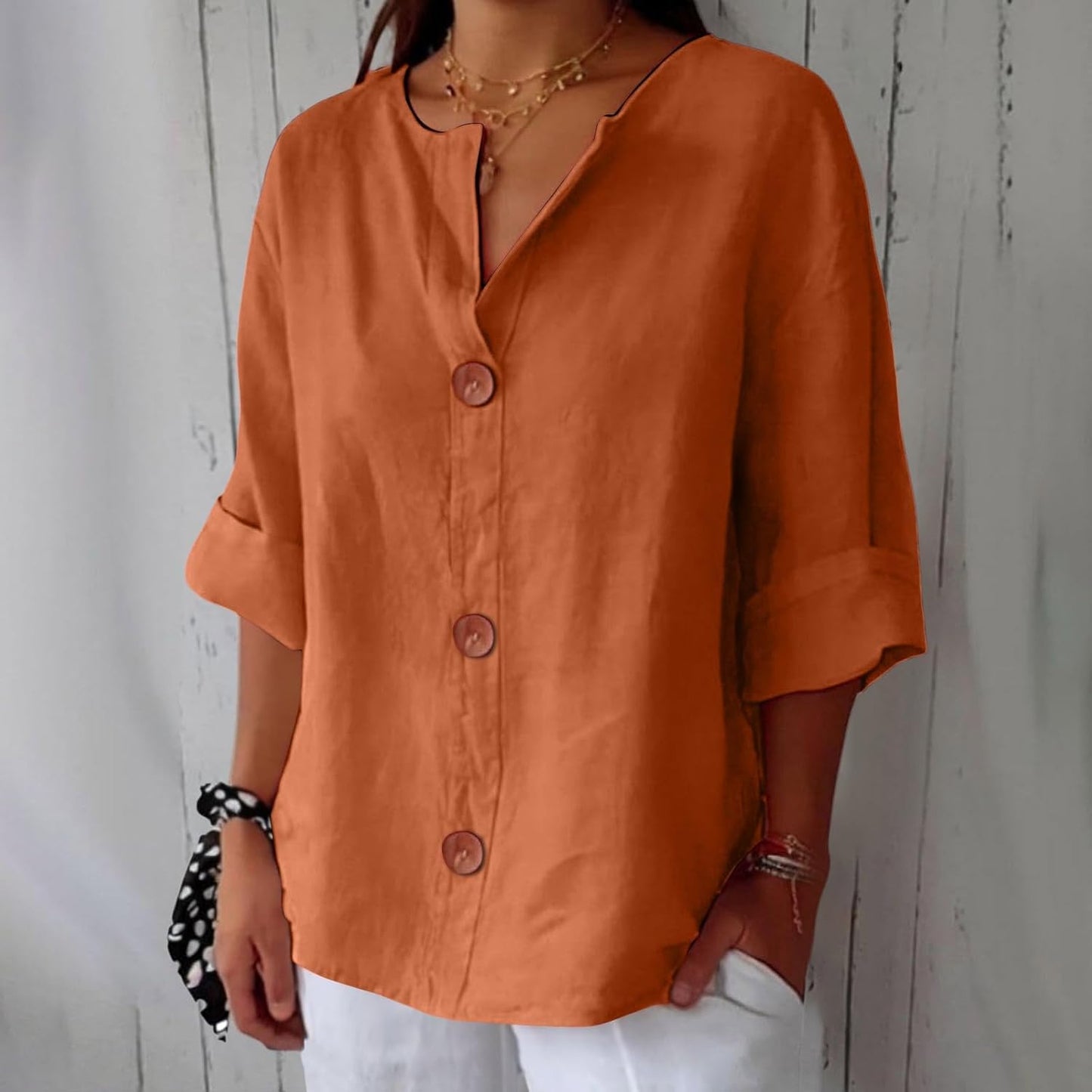 Sheila - Cotton Linen V Neck Shirt (1+1 FREE)