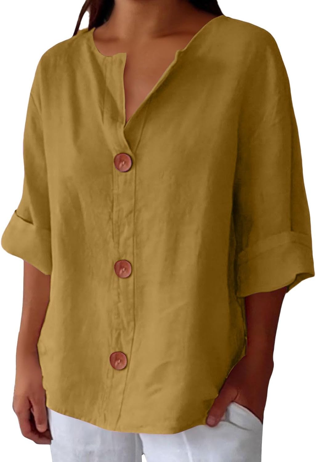 Sheila - Cotton Linen V Neck Shirt (1+1 FREE)