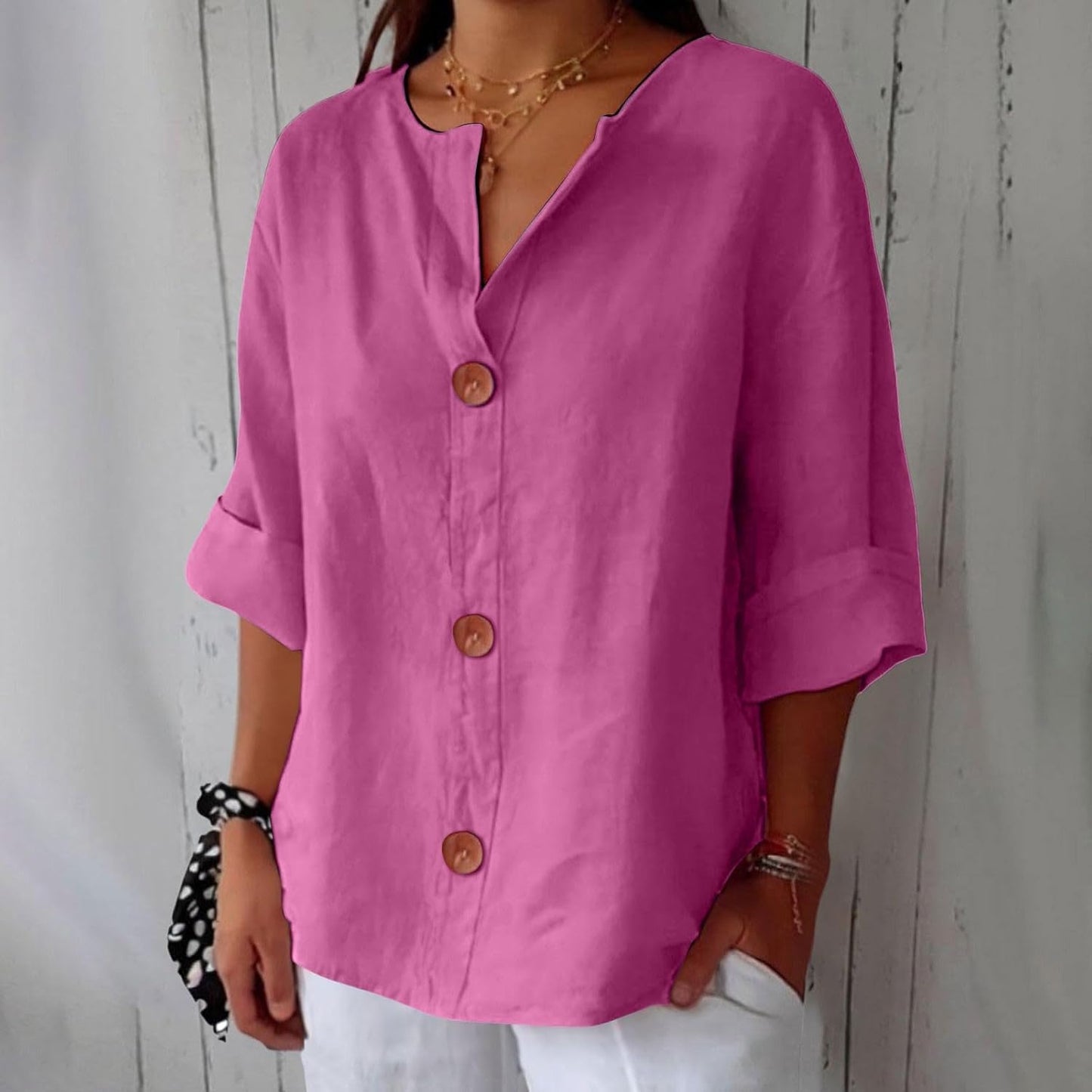 Sheila - Cotton Linen V Neck Shirt (1+1 FREE)