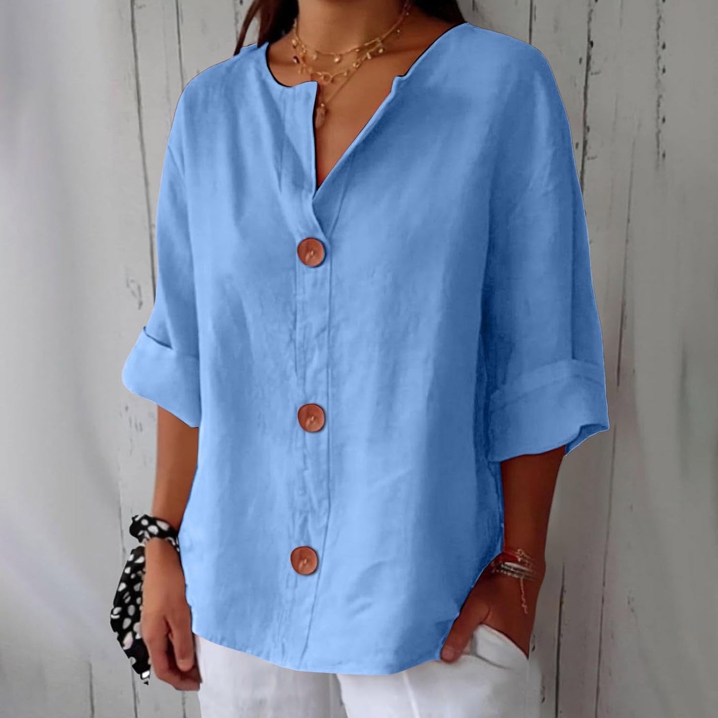 Sheila - Cotton Linen V Neck Shirt (1+1 FREE)