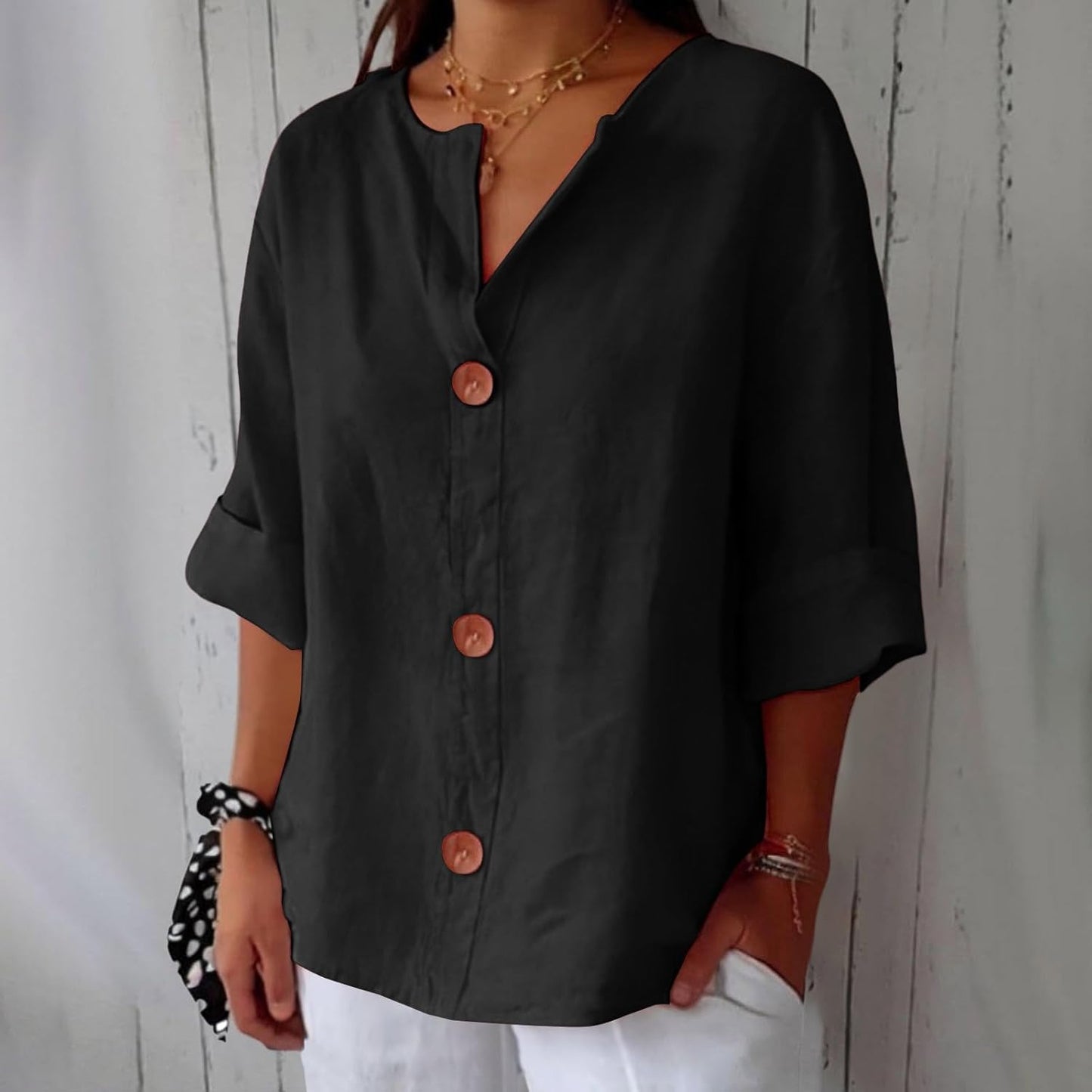 Sheila - Cotton Linen V Neck Shirt (1+1 FREE)