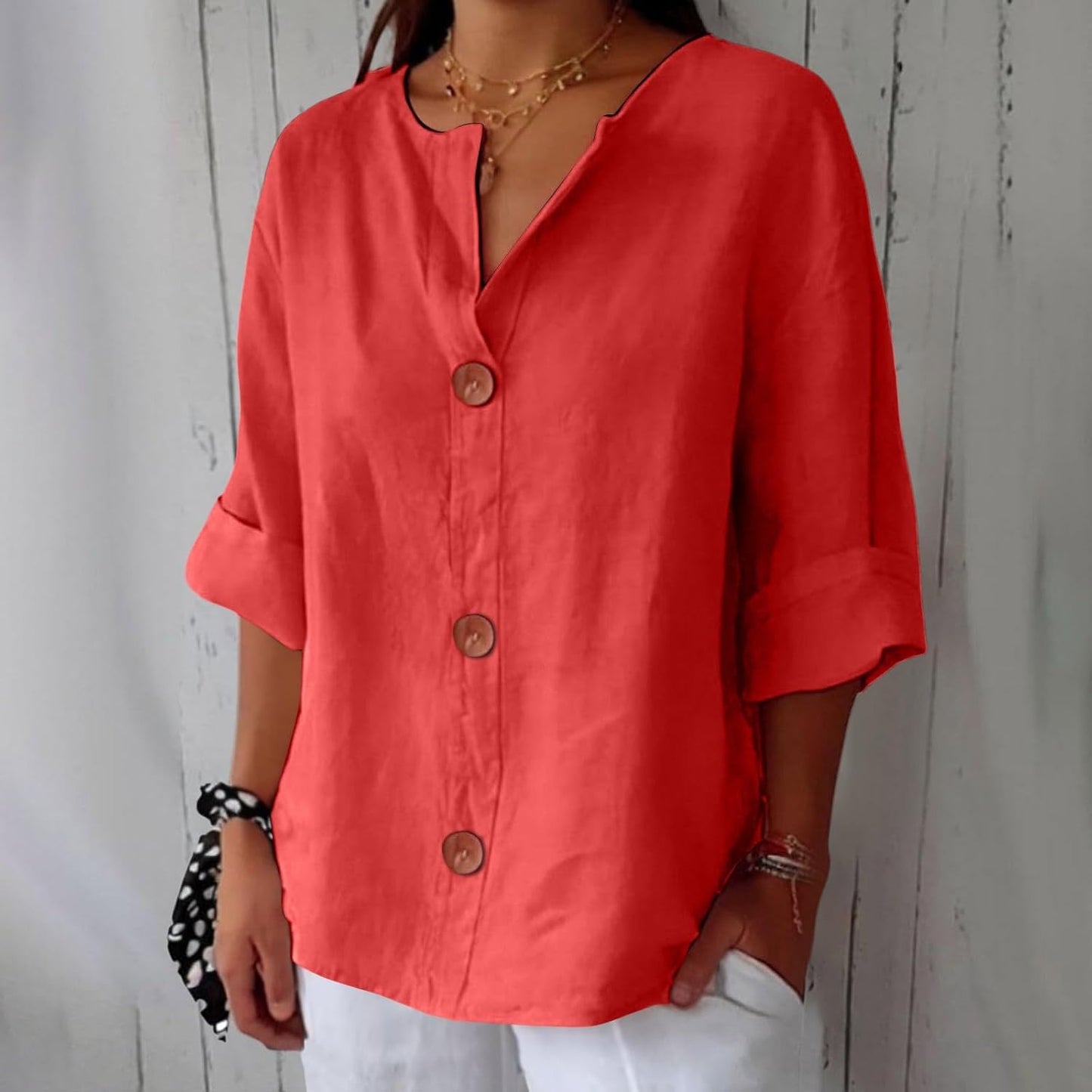 Sheila - Cotton Linen V Neck Shirt (1+1 FREE)