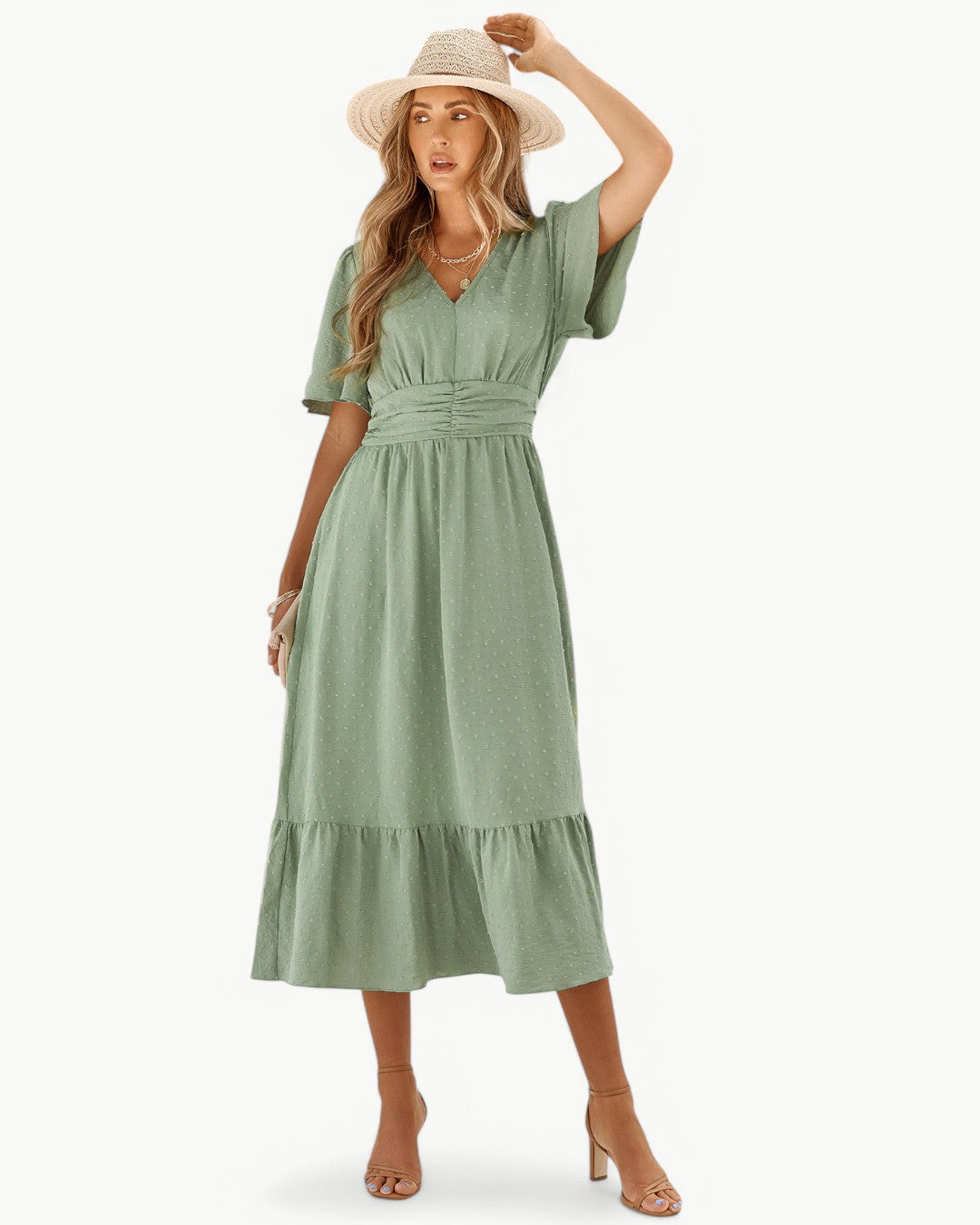 RENÉE – Midi Dress with V-Neck and Short Sleeves