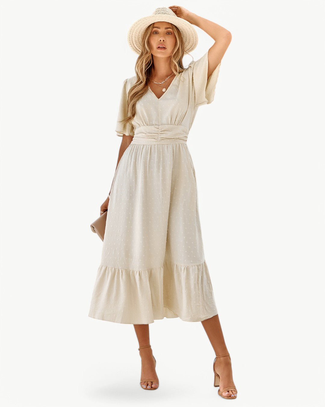 RENÉE – Midi Dress with V-Neck and Short Sleeves
