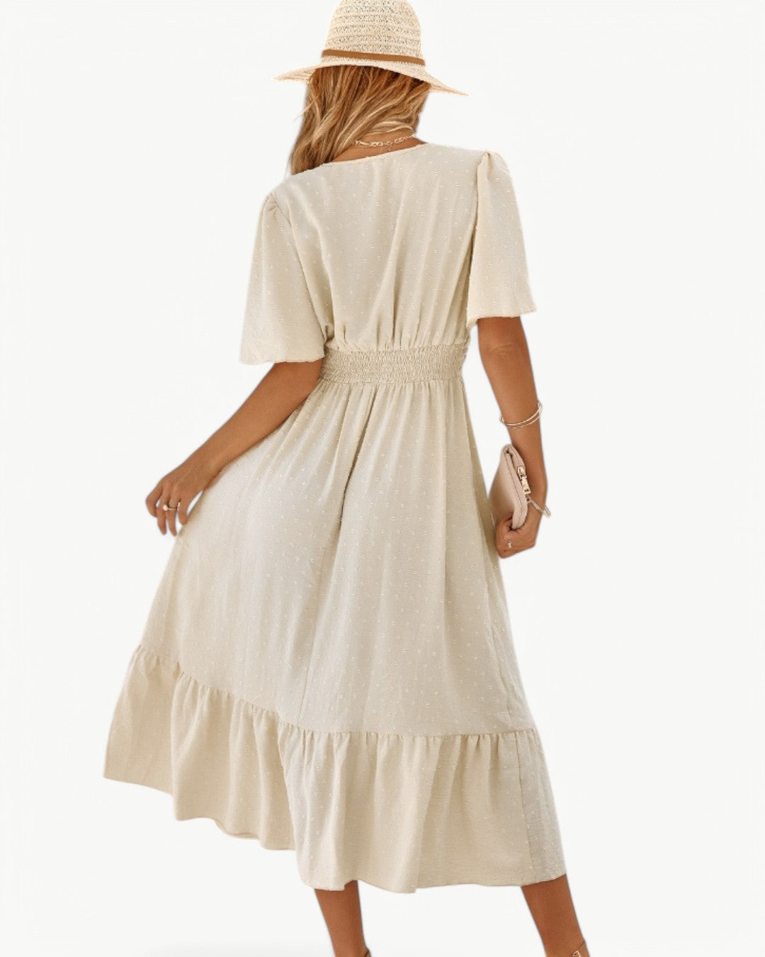 RENÉE – Midi Dress with V-Neck and Short Sleeves