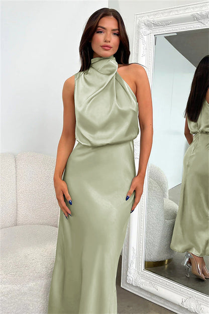 Valeria™ | Satin Maxi Dress with Halter Neck