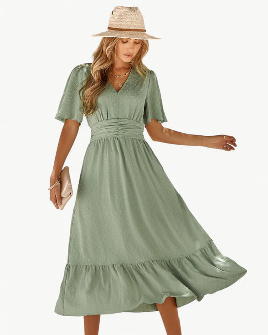 RENÉE – Midi Dress with V-Neck and Short Sleeves