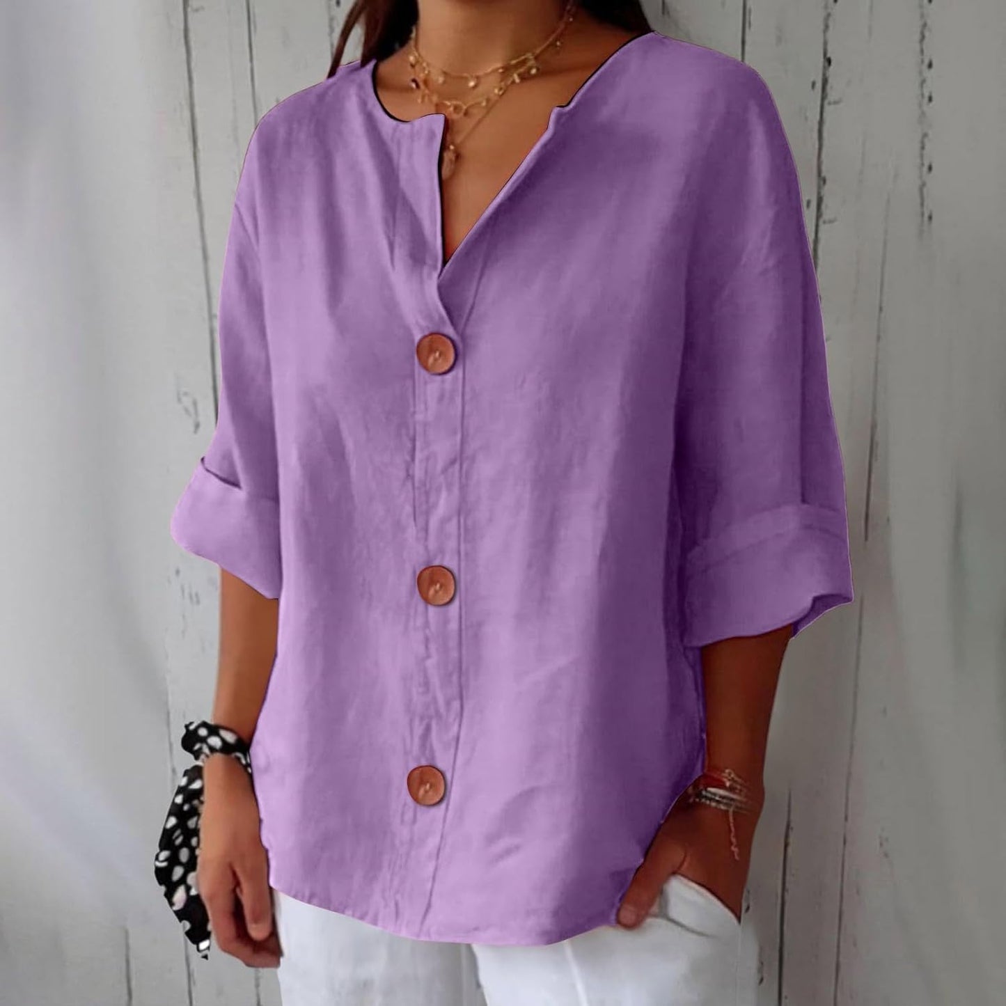 Sheila - Cotton Linen V Neck Shirt (1+1 FREE)