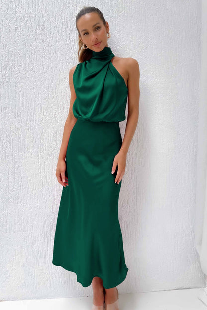 Valeria™ | Satin Maxi Dress with Halter Neck