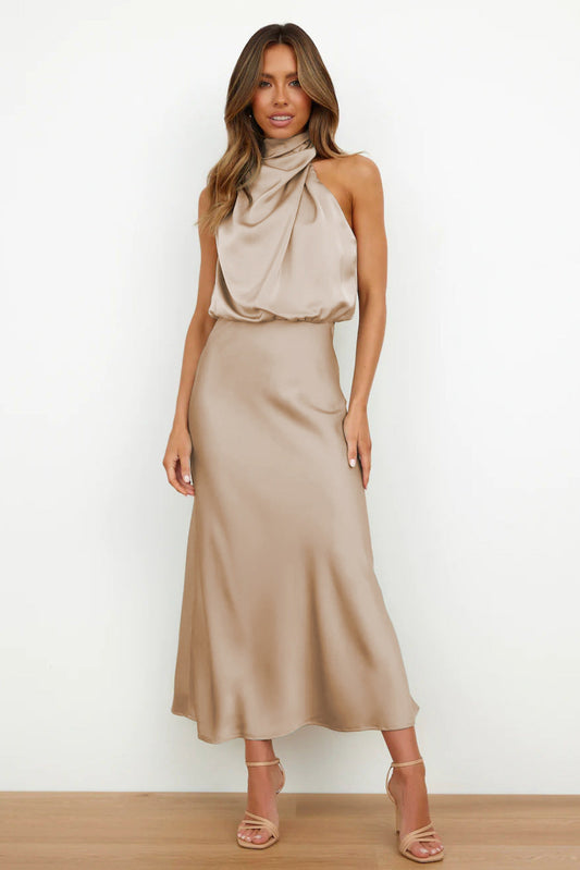 Valeria™ | Satin Maxi Dress with Halter Neck